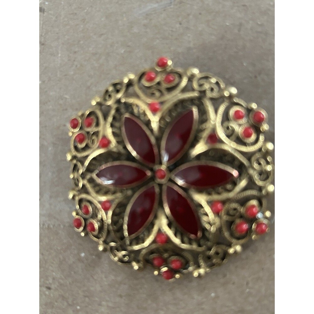 Gold-Tone Filigree Red Cabochon Flower Brooch